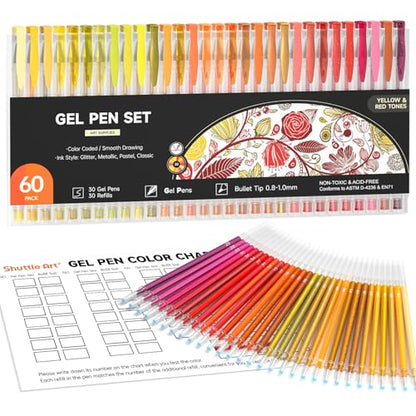 Shuttle Art 60 Pack Red Yellow Tone Gel Pens, 30 Red Orange Yellow Gel Pens with 30 Refills for Adults Coloring Books Journaling Drawing Nature, Landscapes, Animals Scenes - color: 60 Pack Red Yellow Tone