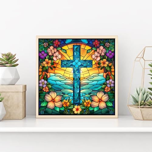 Christian Diamond Art Kit for Adult-Cross Diamond Painting Wall Art 14x14IN | Round Drill Religious Cross Diamond Painting for Beginners DIY Rhinestone 5D Diamond dots (Gemstone Craft) Wall Decor Gift - color: DP00973