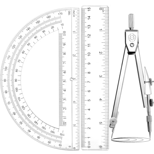 Zonon 3 Pcs 6" Clear Plastic Ruler 6 Inch Protractor Compass Set, Clear - color: Clear, size: 6 Inch
