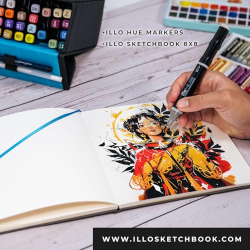 illo Sketchbook 8’’ x 8’’ Square Hardcover Sketch Book, (112lb/180gsm) Heavyweight Paper, Ribbon Marker, Back Pocket, Lays Flat, Minimal Bleed, Vegan, for Artists & Beginners