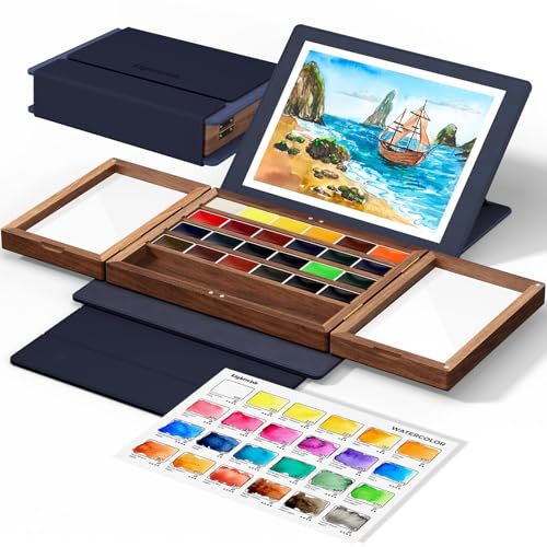 Watercolor Paint Set 24 Vibrant Colors with Walnut Wood Palette,Adjustable Angles Artificial Leather Sheath Portable Travel Watercolor Palette Set for Artist - color: Blue