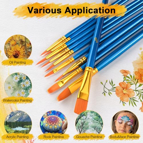 Acrylic Paint Brushes Set, 50Pcs Round Pointed Tip Artist Paintbrushes for Acrylic Painting Oil Watercolor Canvas Boards Rock Body Face Nail Art, Halloween Pumpkin Ceramic Crafts Supplies，Blue - color: Blue, size: 5 Pack