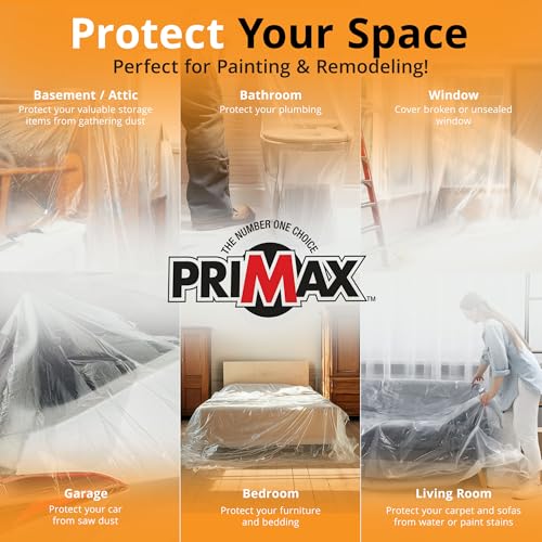 PRIMAX Clear Plastic Drop Cloth 9x12 ft (6 Pack) – Waterproof Painters Plastic Sheeting for Painting, Furniture Covers & Dust Protection – Easy Cleanup, Mess-Free Solution for Painting or Renovations - size: 9' x 12' - 6 pack