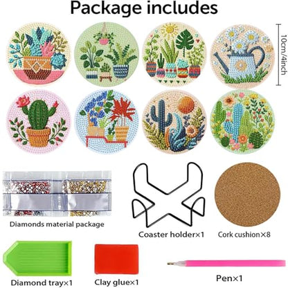 gganmtere 8P Potted Plants Diamond Painting Coasters Kits Set,Houseplant Diamond Art Coasters with Holder,5D DIY Full Drill Adult Diamond Dot Gift - color: Jxbd96