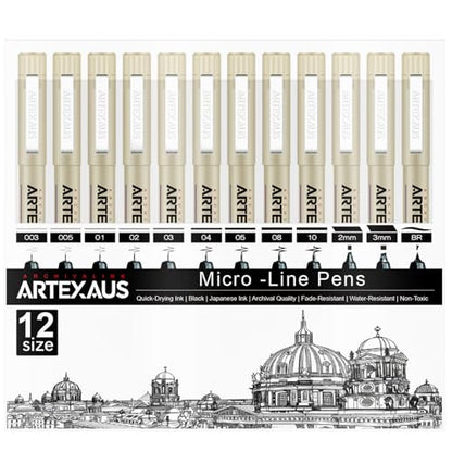 Micro Fineliner Drawing Art Pens, 12 Assorted Sizes, Waterproof Archival Ink, Art Supplies for Adults Sketching, Calligraphy, Technical Illustrators.