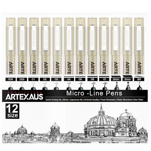 Micro Fineliner Drawing Art Pens, 12 Assorted Sizes, Waterproof Archival Ink, Art Supplies for Adults Sketching, Calligraphy, Technical Illustrators.