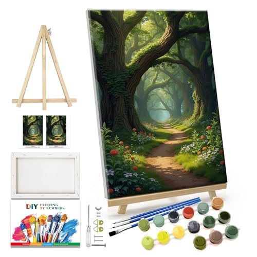 JOOZ Landscape Paint by Numbers Kit for Adults with Frame Forest Paint by Number with Easel Tree Adult Paint by Number Kits Framed Canvas Oil Painting Kits for Home Wall Decor 8x12 Inch - color: Forest 071