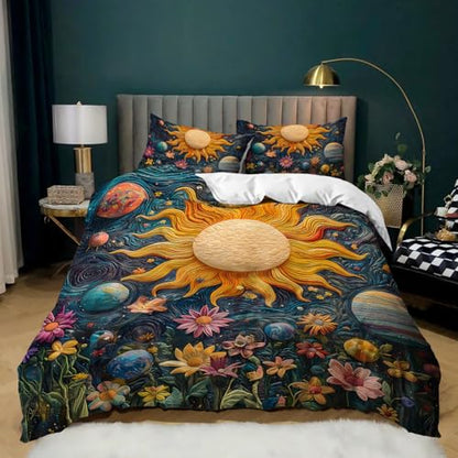 AILONEN Space Galaxy Soft Duvet Cover Set King Size,3-Piece Sun Planet Starry Flower Boho Comforter Cover Set, 1 Quilt Cover with 2 Pillowcases - color: S12, size: King
