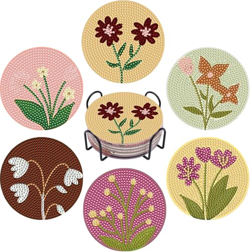 DOTSOPS 6 Pack Flower Diamond Art Coasters with Holder for Adults 4 in - color: A-Flowers
