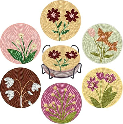 DOTSOPS 6 Pack Flower Diamond Art Coasters with Holder for Adults 4 in - color: A-Flowers