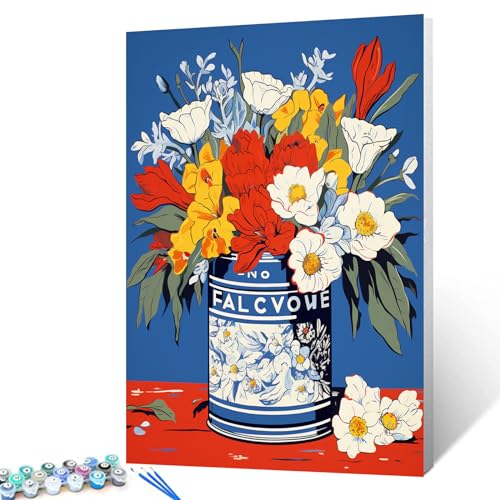 Paint by Number Colorful Flowers in a Tin Can DIY Cute Painting on Canvas with Brushes Acrylic Paints Bright Color Floral Paint by Numbers for Adults Kids Student Beginner 16x20 Inch（DIY Frame） - color: Floral in Tin 08, size: 16''x20''(DIY Frame)