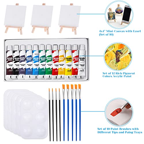Mini Canvas and Easel, Cridoz 47 Pieces Small Canvas Painting Set Includes Mini Easel, Acrylic Paint, Paintbrushes and Palette for Artists Art Party Sip and Paint Night - style: 4x4 inch