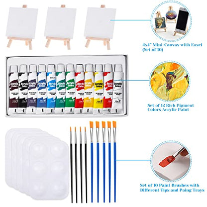 Mini Canvas and Easel, Cridoz 47 Pieces Small Canvas Painting Set Includes Mini Easel, Acrylic Paint, Paintbrushes and Palette for Artists Art Party Sip and Paint Night - style: 4x4 inch