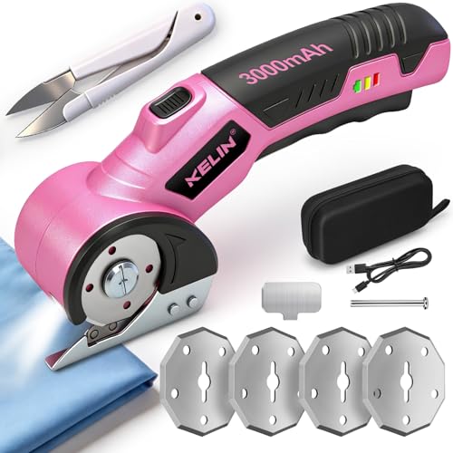 2026New Cardboard Cutter Electric 3000mAh,Cordless Electric Scissors with 4 Blades & Sewing Scissor, Safety Lock & LED Light, 300RPM, Electric Box Cutter for Fabric Carpet Carton Plastic Leather Cloth - color: Pink