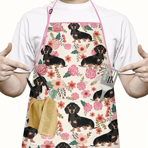Apron with 2 Pockets,Kitchen Chef Artist Aprons for Cooking Gardening Baking Painting, Waterproof Apron 33" x 27" - color: Dachshund