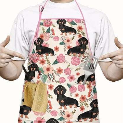 Apron with 2 Pockets,Kitchen Chef Artist Aprons for Cooking Gardening Baking Painting, Waterproof Apron 33" x 27" - color: Dachshund