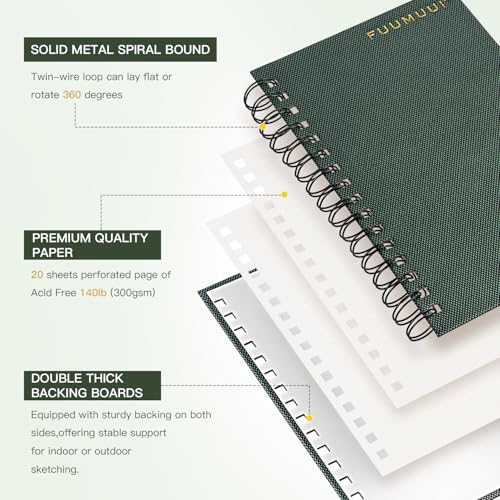 Fuumuui Watercolor Sketchbook, 100% Cotton Paper for Painting, Drawing, Art Journaling, Professional Artist Quality, Spiral Bound 5.5 * 8.5 inch 20 Sheets, 140lb/300g - size: 8.5*5.5in