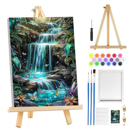 MOGTAA Paint by Numbers Kit for Adults with Frame, River Landscape Paint by Number Canvas, Flowers Paint by Numbers with Easel, DIY Butterfly Oil Painting Kit for Home Wall Decor 8 x 12 Inch
