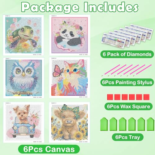 Diamond Art Kits for Kids - 6 Pack 5D Diamond Painting Kits - Arts and Crafts for Kids Ages 8-12 - Full Drill Cute Animals Dimond Art Painting Kits - DIY Big Gem Art - Home Wall Decor Gifts 6x6 Inch