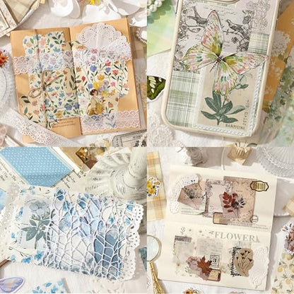 Wmhanler 400Pcs Scrapbook Supplies Vintage Scrapbook Paper Floral Junk Journal Stickers Journaling Supplies for Bullet Journaling, Retro Crafts, Planner, Collage Card Album