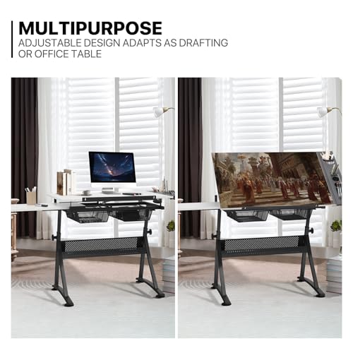 Art Deco Drafting Table, Height-Adjustable, Tiltable Tabletop, Stool for Reading Writing Painting, Homeschooling Desk for Children with 2 Storage Drawers | Stool for Reading Writing Painting, Homeschooling Desk for Children with 2 Storage Drawers，Art Deco