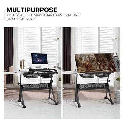 Art Deco Drafting Table, Height-Adjustable, Tiltable Tabletop, Stool for Reading Writing Painting, Homeschooling Desk for Children with 2 Storage Drawers | Stool for Reading Writing Painting, Homeschooling Desk for Children with 2 Storage Drawers，Art Deco