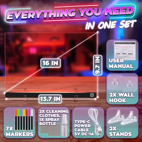 LED Drawing Board with USB-C Power – 16 Inch Acrylic Light Board for Tracing with Edge-Lit Color-Changing Glow, 7 LED Colors, 6 Light Modes – Plug-and-Play Kit with Markers, Stands, Gift Box (Black) - style: Style Black