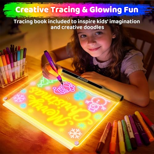Geokay 16“ Rechargeable LED Drawing Board, 9-Color Light Modes with Timer | Birthday Christmas Gift Idea for Girls/Kids/Boys/Teens, Neon Glow Up Dry Erase, Built-in Stand with 6 Markers & Tracing Book - color: Black