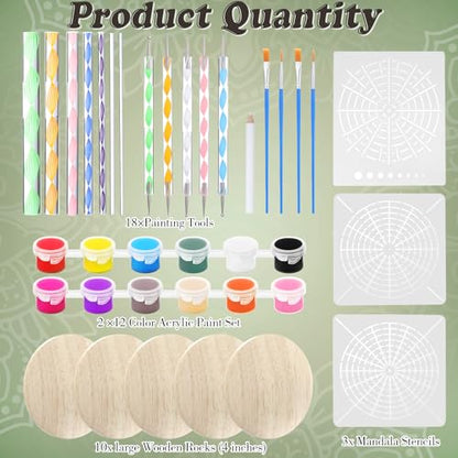 Potchen 10 Pcs Mandala Rock Painting Kit Mandala Dotting Tools Kit Wooden Rocks Dot Paint Stencils Tool Set for Adults Arts Drawing Home Decor Activity DIY Mothers Day Gift