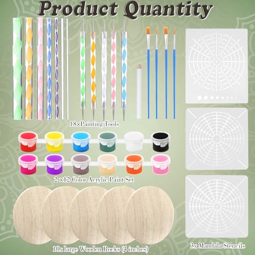 Potchen 10 Pcs Mandala Rock Painting Kit Mandala Dotting Tools Kit Wooden Rocks Dot Paint Stencils Tool Set for Adults Arts Drawing Home Decor Activity DIY Mothers Day Gift
