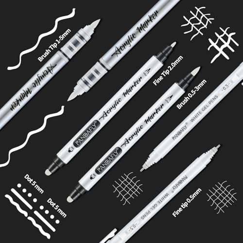 PANDAFLY White Gel Pens Set, Dual-Tip Acrylic Paint Pen, 6 Pack | Brush Tip Acrylic Markers, Winte Ink Pens for Black Paper Drawing, Sketching, Illustration & Card Making, Bullet Journaling