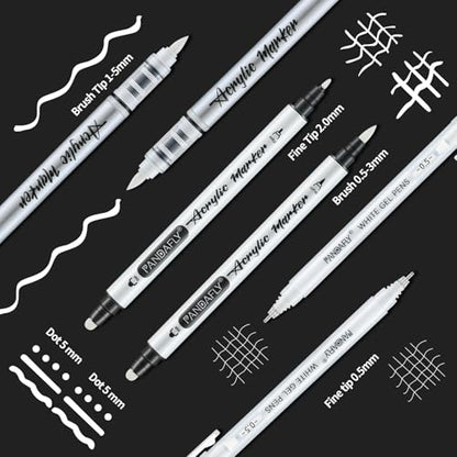 PANDAFLY White Gel Pens Set, Dual-Tip Acrylic Paint Pen, 6 Pack | Brush Tip Acrylic Markers, Winte Ink Pens for Black Paper Drawing, Sketching, Illustration & Card Making, Bullet Journaling