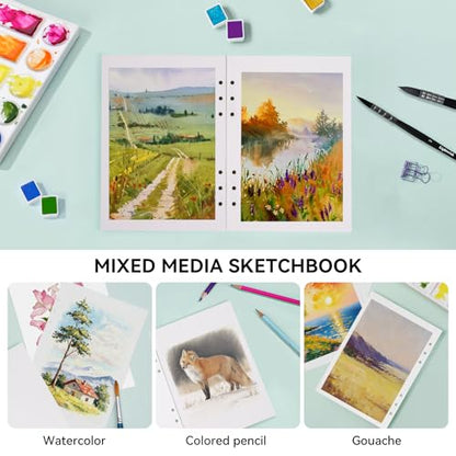 Lightwish Watercolor Paper Bulk Refillable, 100% Cotton Hot Press 300gsm/140lb, 2 Pack, Total 40 Sheets Hole-Punched Replaceable Paper for Artists, Adults, Students,6.69 * 3.94 Inches