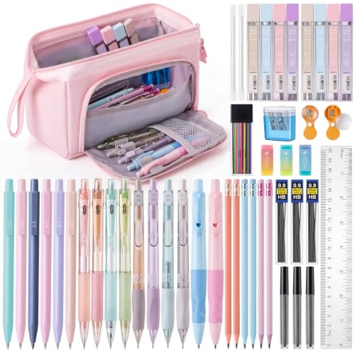 Eersida 47 Pcs Aesthetic School Supplies with Cute Pen Case, Mechanical Pencils 0.5mm, 0.7mm, 0.9mm & 2.0mm with Leads and Eraser Refills, Wood Pencils #2, for Writing, Drawing & Drafting (Pink) - color: Pink