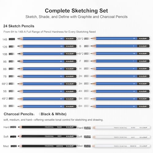 KALOUR 113PCS Drawing Set, Professional Sketching Kit with 3-Color Sketchbook,Graphite & Charcoal Pencils, Wooden Mannequin, Art Tools in Zipper Case, Art Supplies for Beginners & Artists Gift