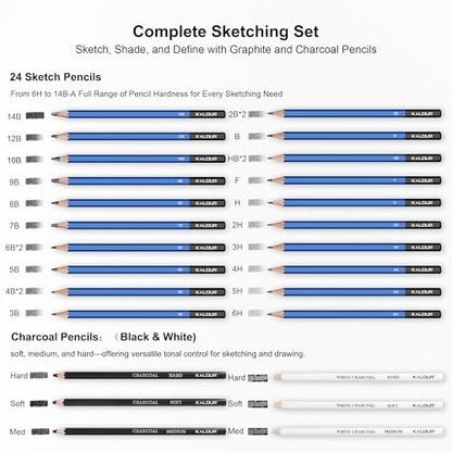 KALOUR 113PCS Drawing Set, Professional Sketching Kit with 3-Color Sketchbook,Graphite & Charcoal Pencils, Wooden Mannequin, Art Tools in Zipper Case, Art Supplies for Beginners & Artists Gift