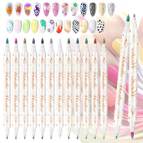 12 Colors Metallic Nail Art Pens Set, Double-Ended Nail Marker Pens for Nail Art Dotting Line Painting Designs, Water Based Quick Dry Paint Markers for DIY Manicure, Home & Salon Use - color: Multicolor C