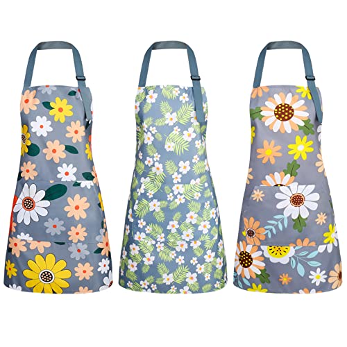 BOUMUSOE 3 Pack Floral Aprons with Pocket, Blooming Womens Aprons | Waterproof Adjustable Cooking Aprons for Kitchen Gardening and Salon - color: Orange, Green, Yellow