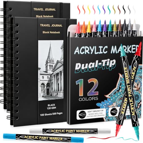 Thenshop 2 Pcs/200 Sheets Black Paper Sketchbook 12 Pen 6 x 8 in Coil | Black Page Journal Notebook Metallic Pens Writing Set for Back to School Gift Colored Gel Pen PU Hardcover Drawing Painting - size: 6 x 8 in, style: Coil