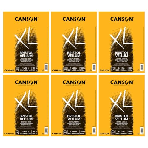 Canson XL Series Vellum Bristol Pad, 9" x 12", White, 100 lb. (260gsm), Top Bound, Fold Over Cover, 25 Sheets/Pad, Case of 6 Pads, 150 Sheets Total - size: 9x12 (Pack of 6), style: Bristol, Vellum