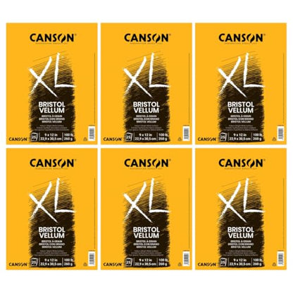 Canson XL Series Vellum Bristol Pad, 9" x 12", White, 100 lb. (260gsm), Top Bound, Fold Over Cover, 25 Sheets/Pad, Case of 6 Pads, 150 Sheets Total - size: 9x12 (Pack of 6), style: Bristol, Vellum