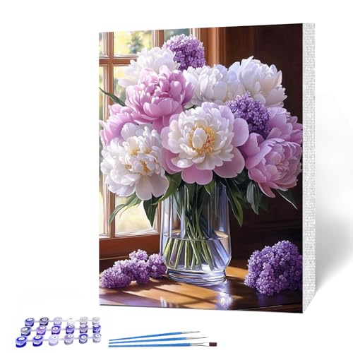 MAXBYE Flowers Paint by Numbers Kits for Adults Beginners with Wooden Frame, Easy Canvas Paint by Numbers Windowsill Flowers, DIY Oil Painting Art Kit for Home Wall Decoration 12X16 inch - color: YBK990