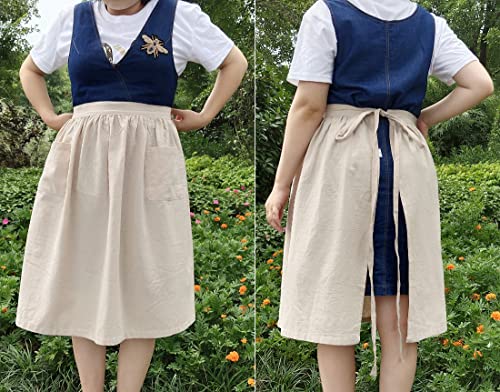 Unisex Chef Aprons White Retro Cotton Maid Short 2 Pockets Waist Waiter Waitress Half Apron - color: Cotton Beige