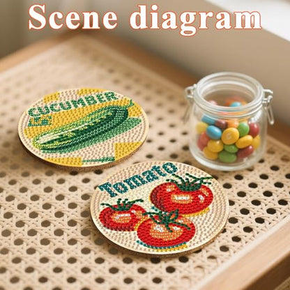 DOTSOPS 6 Pcs Vegetable Diamond Painting Coasters with Holder for Beginners - color: Evegetable