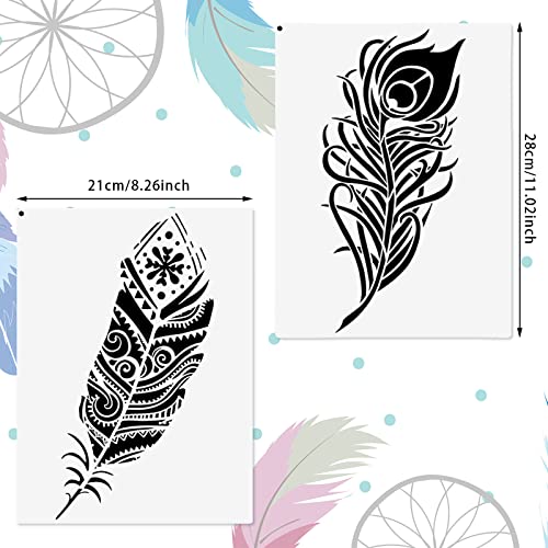 6 Pieces Decorative Mandala Feather Stencil Reusable Mandala Painting Templates Beautiful Stencils Metal Open Ring for Painting on Wood Wall Decor