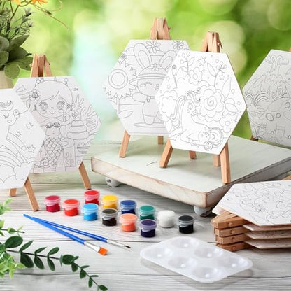 Watersay 12 Set Kids Pre Drawn Canvas for Painting Kit 12 Pcs 6" x 6" Animals Printed Pre Drawn Canvas, Easels, Palette, Paint Pot, 24 Brushes Kid Paint Party Favor for DIY Classroom Craft Activity - style: Animal