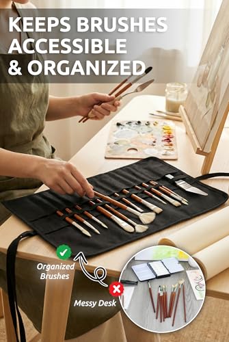 30-Slot Roll-Up Canvas Brush Holder, Black Paint Brush Case | Durable Canvas Organizer for Artists, Portable Travel Design, Fits Brushes & Art Supplies (Brushes not Included) - color: Black