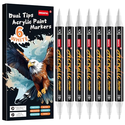 6 Pc White Acrylic Paint Pens Markers, Dual Tips Waterproof Paint Markers | For Rock Painting, Fabric, Metal, Glass, Wood, Canvas, Ceramic, Pumpkins, Eggs, Plastic, Non-Toxic & Odor - color: Brush Fine 6 White