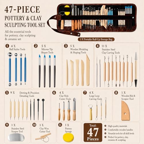 47PCS Pottery Tools Kit, Ceramic Tools, Clay Sculpting Tools | Stainless Steel Tools, Wooden Handles and Silicone Shapers for Sculpting and Carving, Ideal for Beginners and Artists