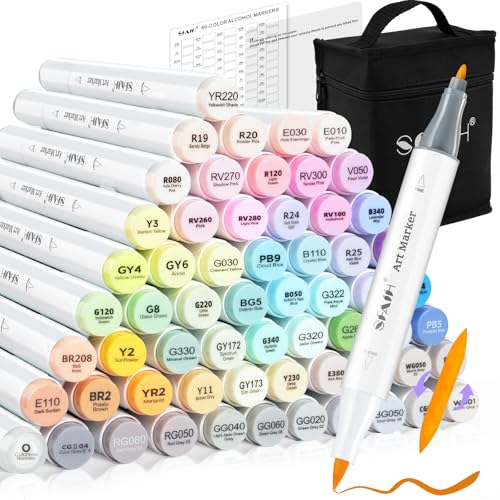SFAIH Art Pastel Alcohol Markers Brush & Fine Tip - 61 Dreamy Colors | Seamless Blending, Reversible Brush Dual Tip Markers for Artist Adult Coloring Illustration Sketch Manga, Colorless Blender - color: 61 Colors